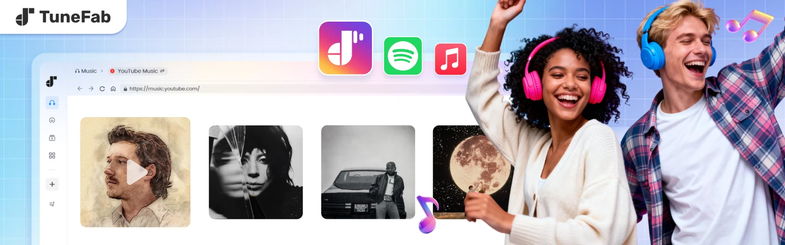 TuneFab music downloader banner with streaming service artwork