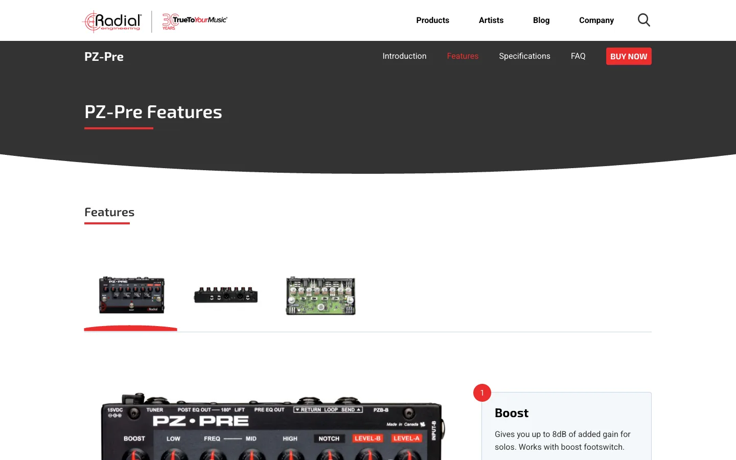 Official Radial PZ-Pre features page showing the acoustic preamp, pre-EQ output, post-EQ output, tuner, and effects-loop connections