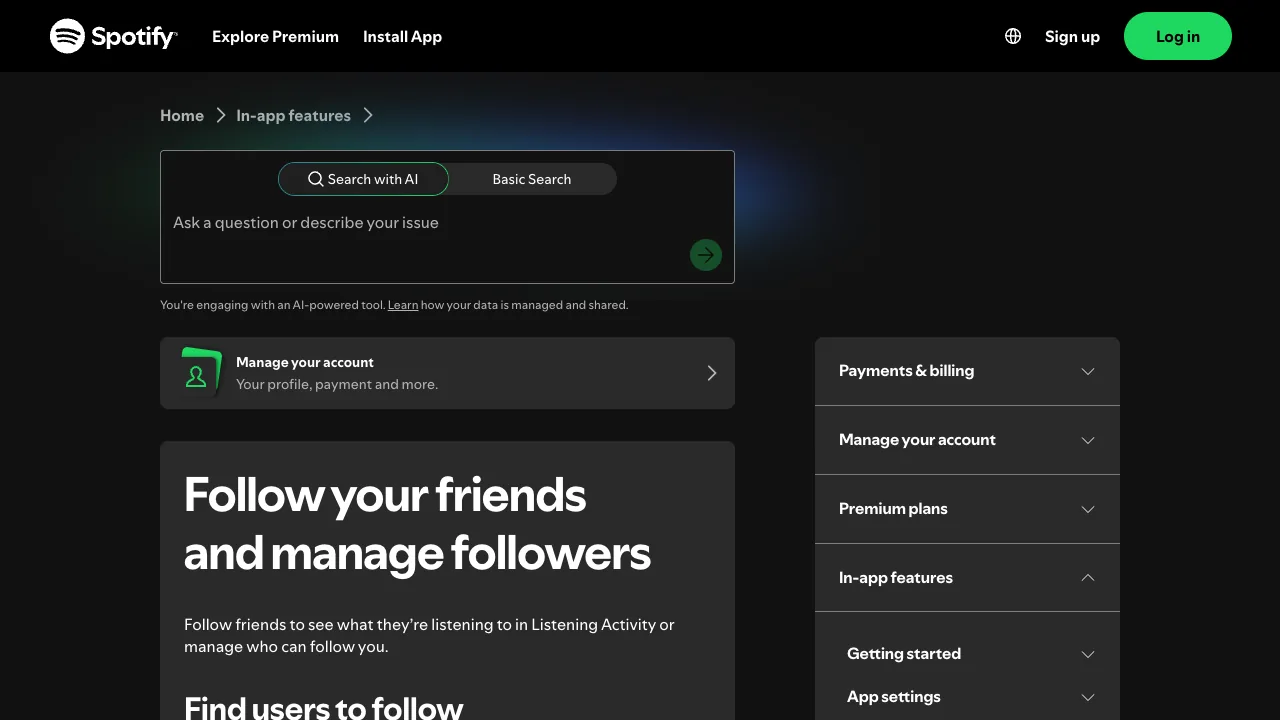 Spotify support page for following friends and managing followers