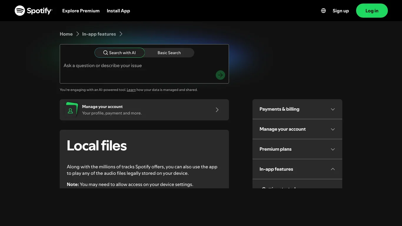 Spotify official Local files support page screenshot