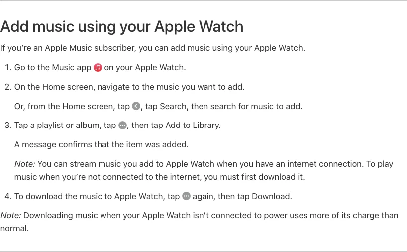 Apple Support steps for adding and downloading music directly on Apple Watch