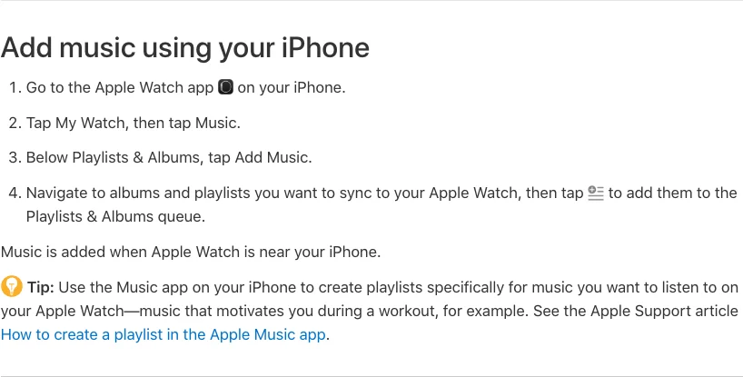 Apple Support steps for adding music to Apple Watch with an iPhone