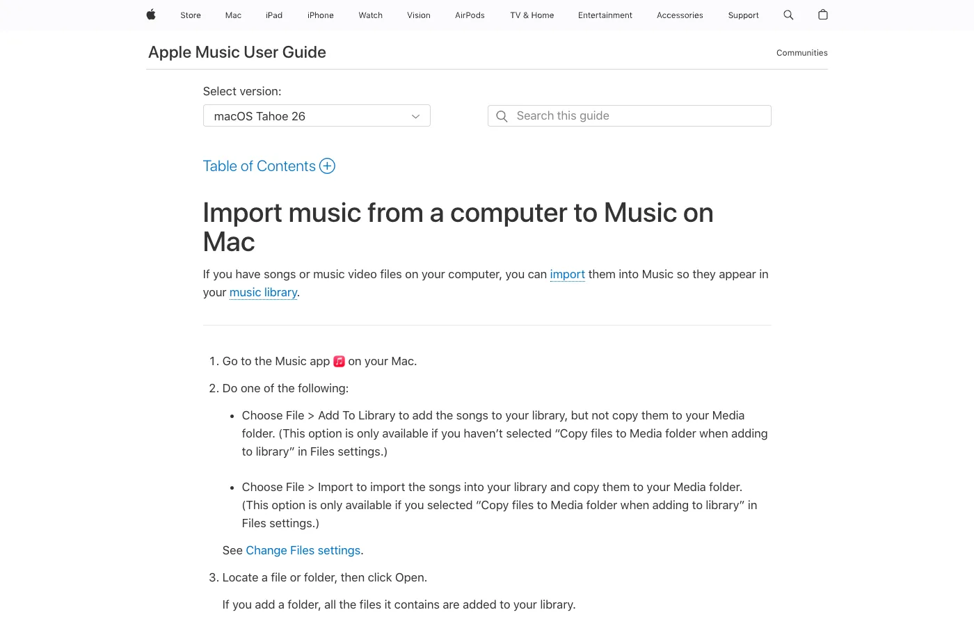 Apple Music guide showing how to import music from a computer on Mac