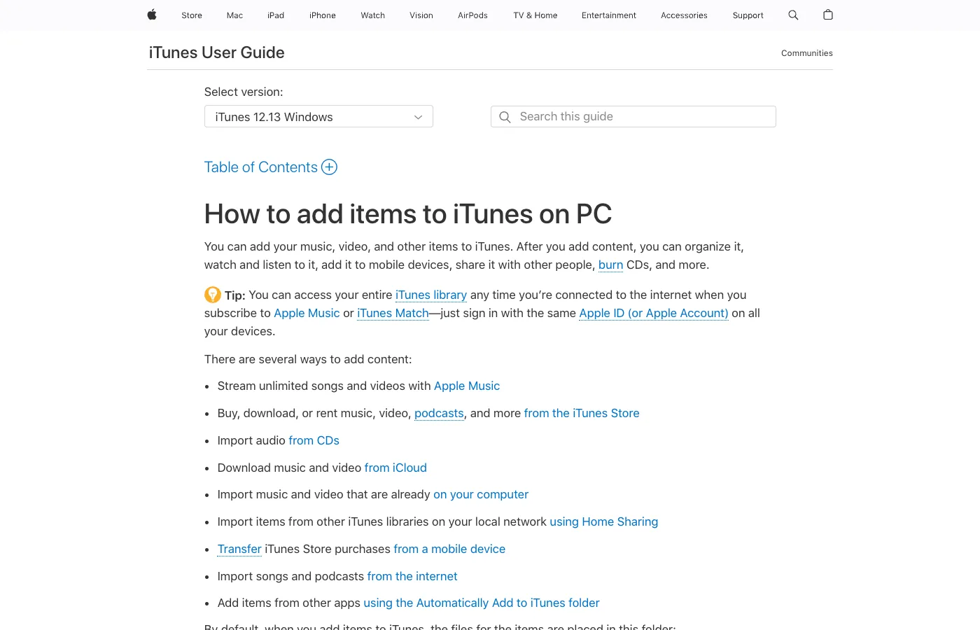 Apple iTunes for Windows guide showing ways to add items to a library