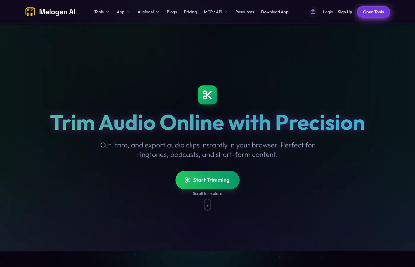 Melogen Music Trimmer page for trimming owned audio before adding it to a music library