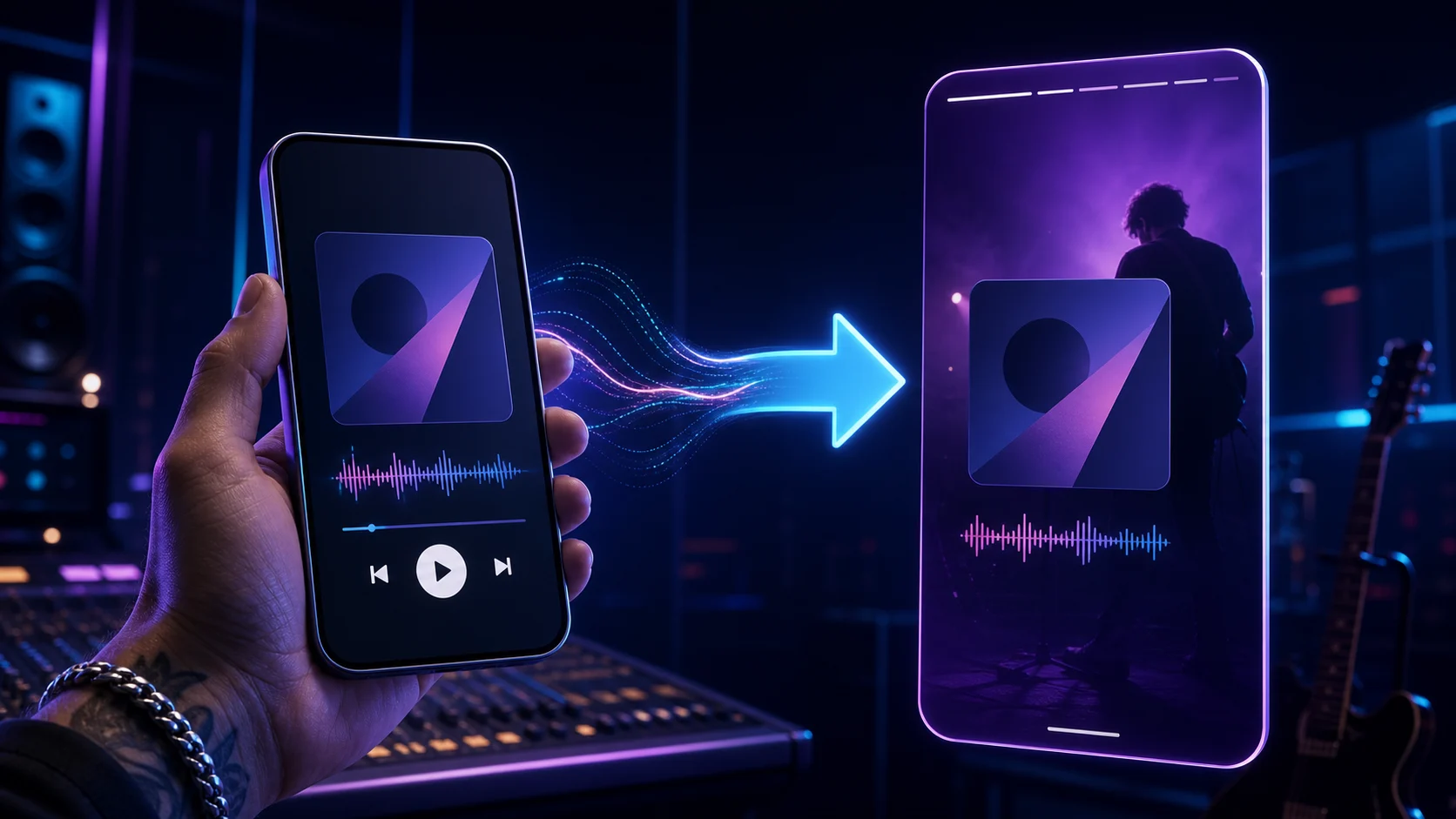 Music card moving from a phone into a vertical social Story frame