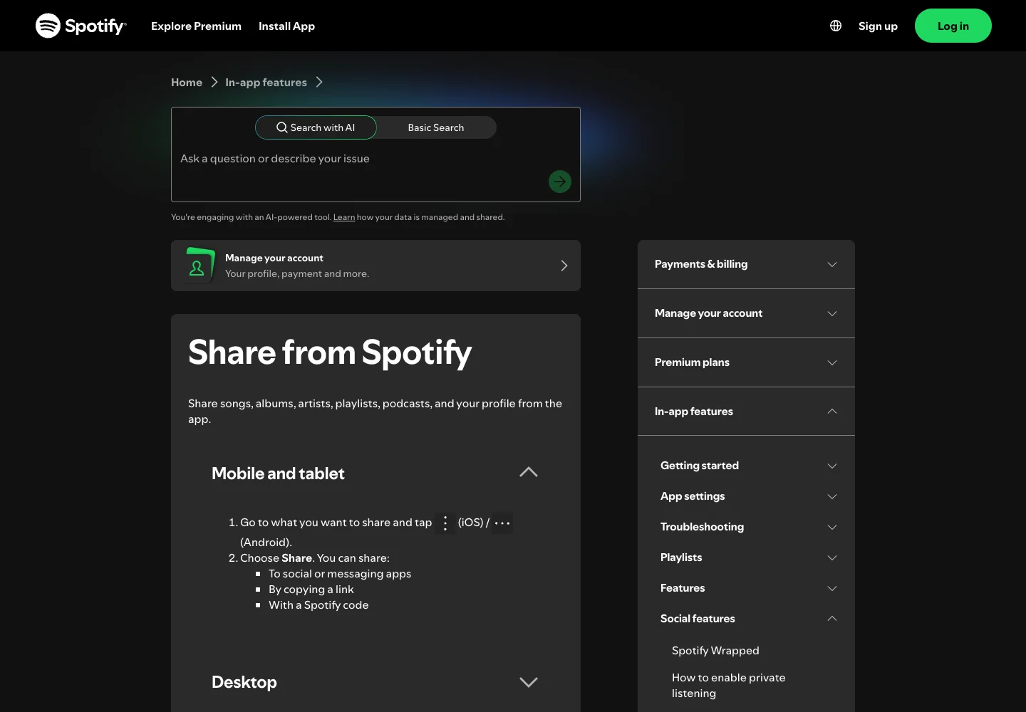 Spotify official support page showing the mobile social sharing options