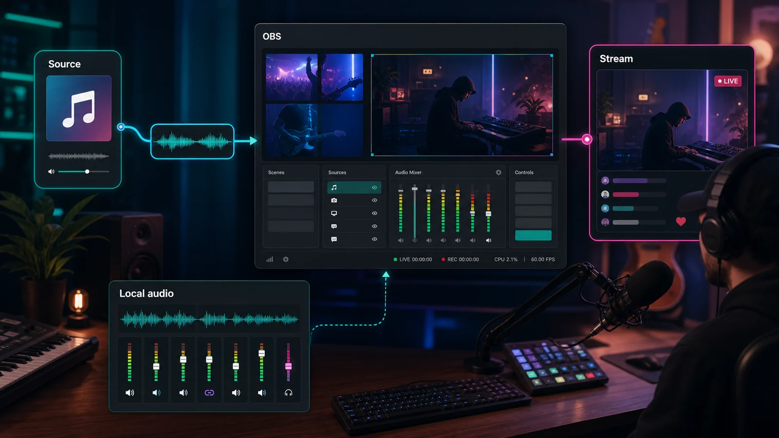 Creator workstation routing music source audio and stream preview into OBS