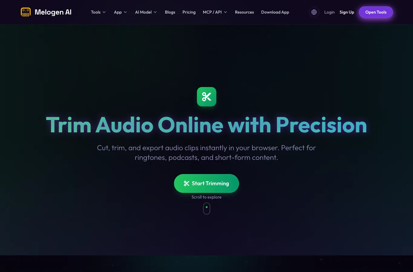 Melogen Music Trimmer page for preparing local audio clips before OBS streaming