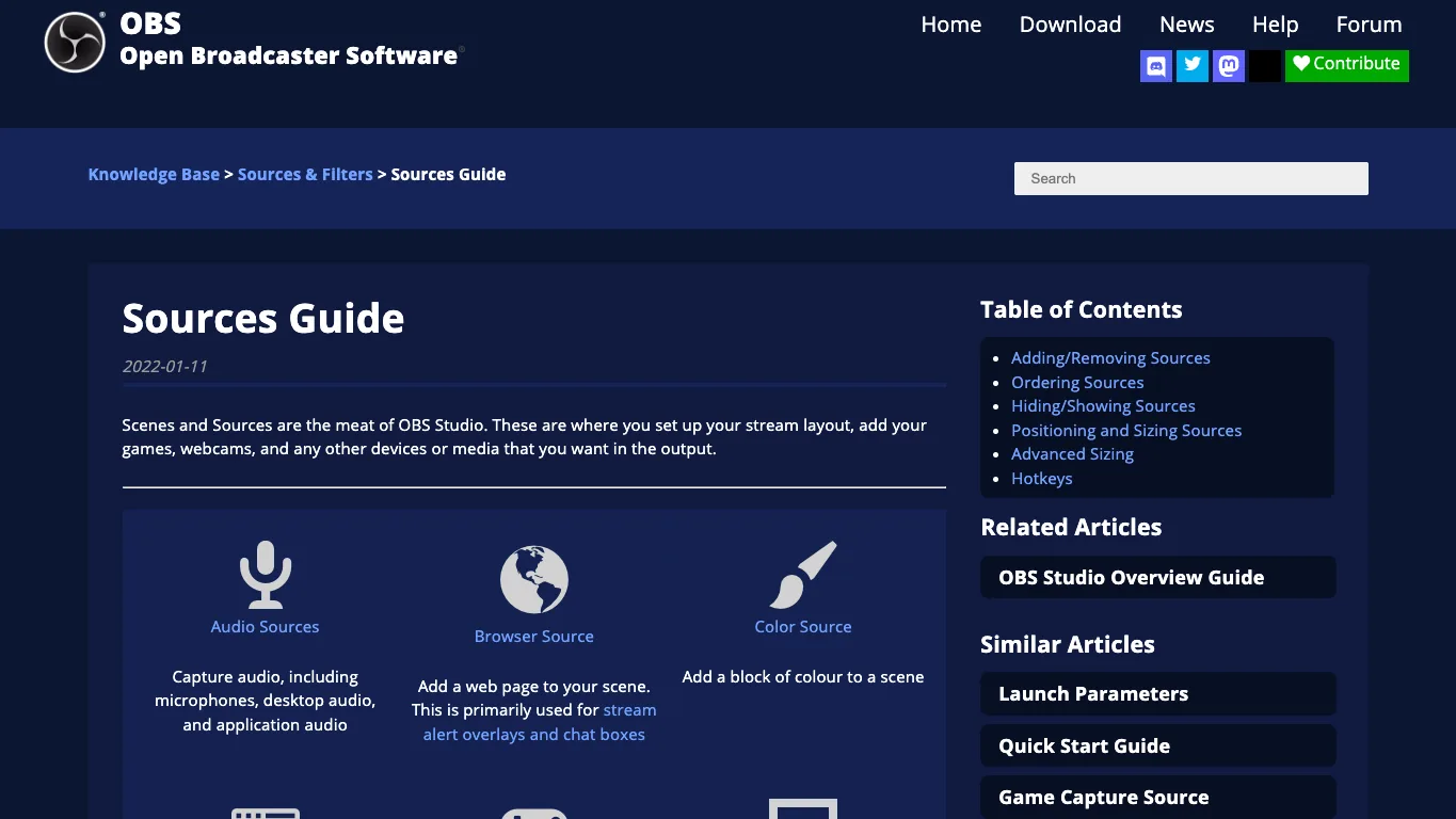 OBS official Sources Guide page showing audio browser window and media source categories