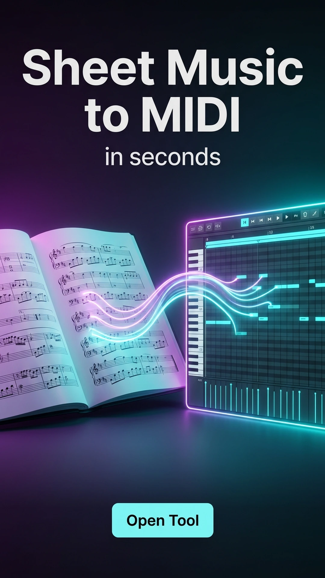 Melogen Sheet2MIDI sidebar ad showing a browser workflow from sheet music to editable MIDI