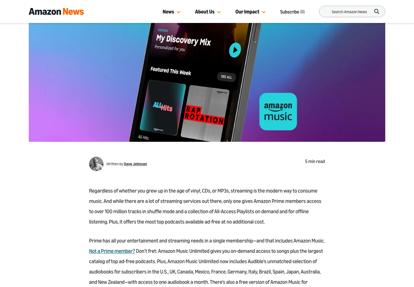 About Amazon page explaining Amazon Music Prime and Unlimited differences