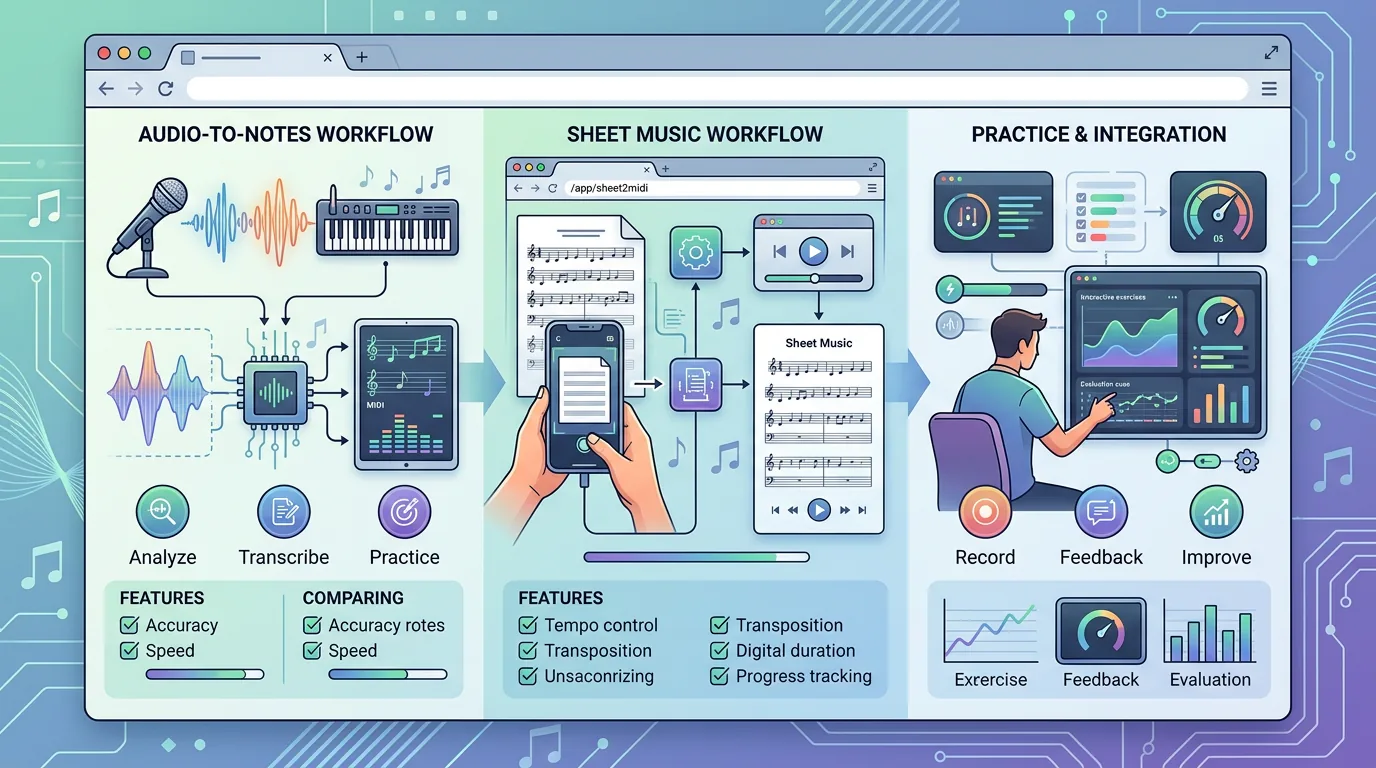 Editorial cover illustration for app that recognizes music notes options across scores, audio, and practice input