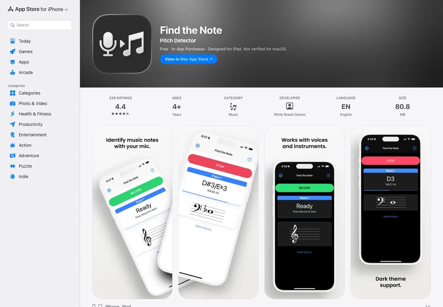 Find the Note App Store product page for pitch detection and note history