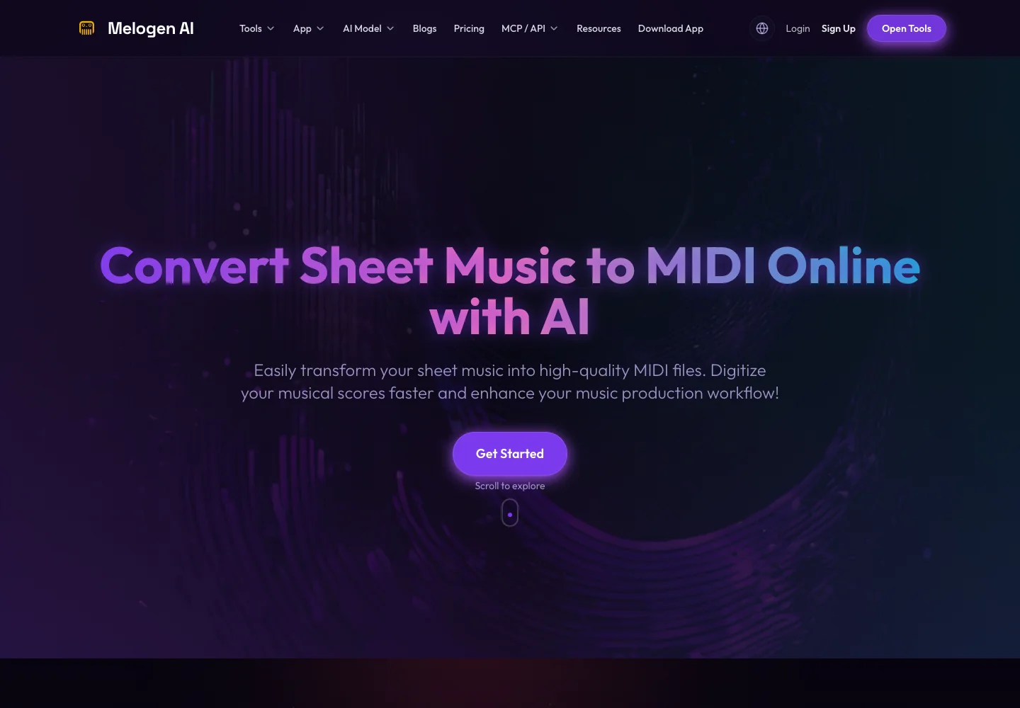 Strona produktu Melogen Sheet2MIDI do konwersji zapisu nutowego na MIDI online