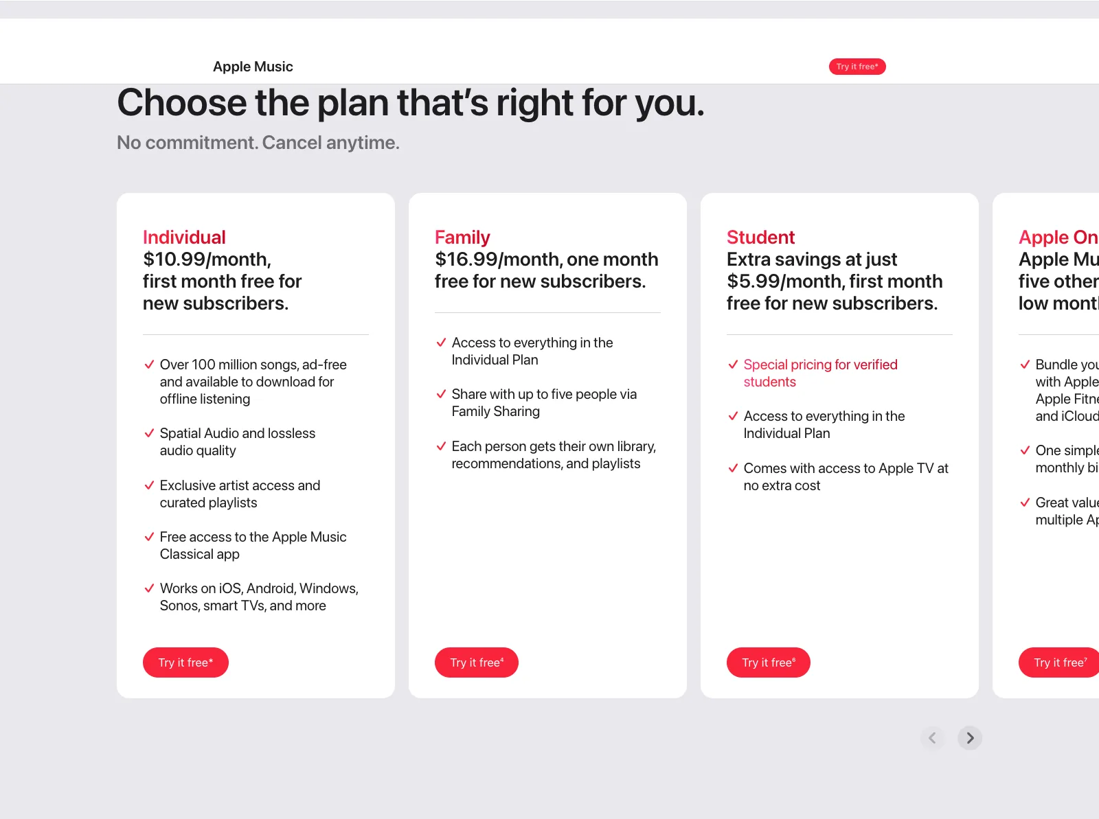 Apple Music public US page showing monthly Individual, Family, and Student plan prices