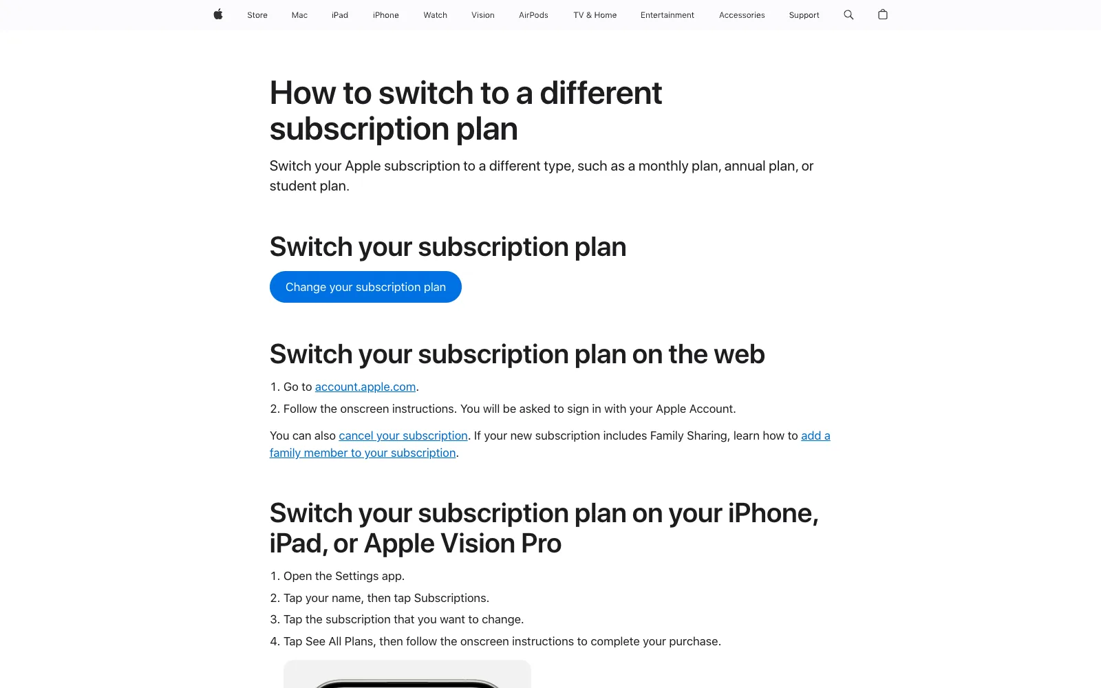 Apple Support instructions for changing a subscription and opening See All Plans