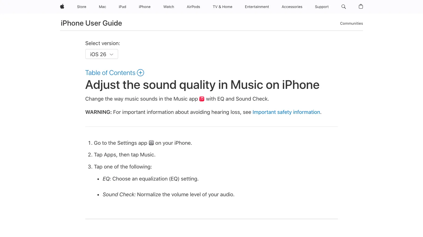 Apple iPhone User Guide page showing Music EQ and Sound Check settings