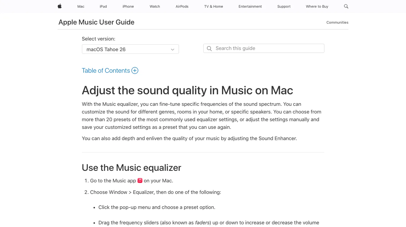 Apple Music User Guide page showing Mac equalizer controls and custom presets