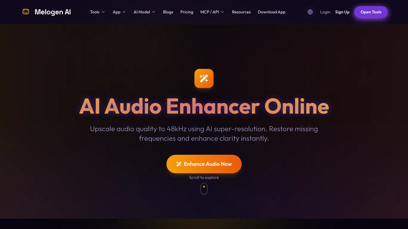 Melogen Audio Enhancer page for improving owned audio files before playback EQ