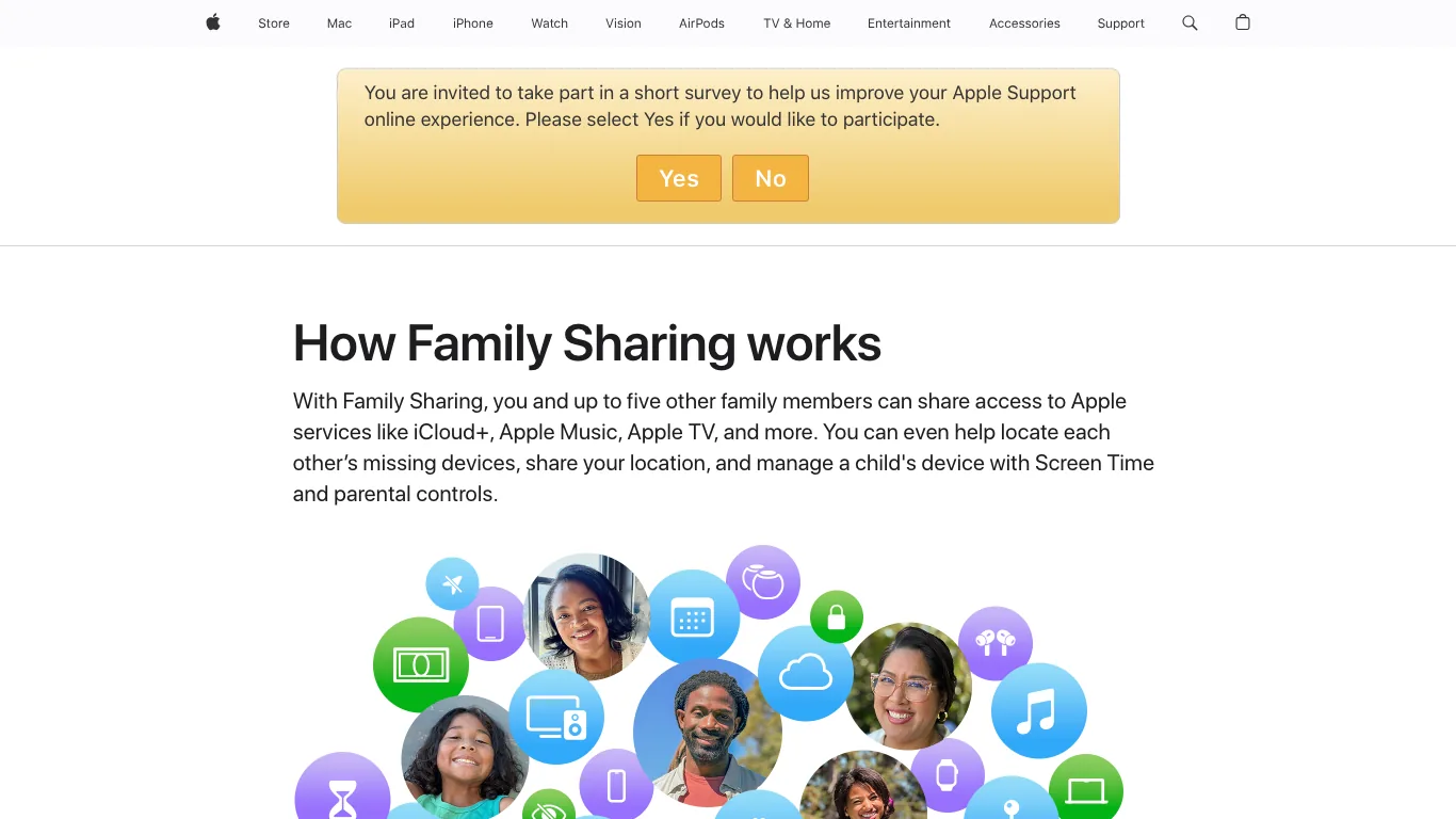 Apple Family Sharing support page explaining shared subscriptions and separate accounts