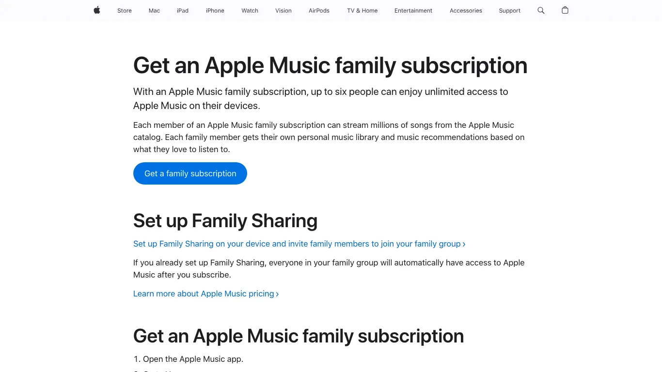 Apple Support page for getting an Apple Music family subscription
