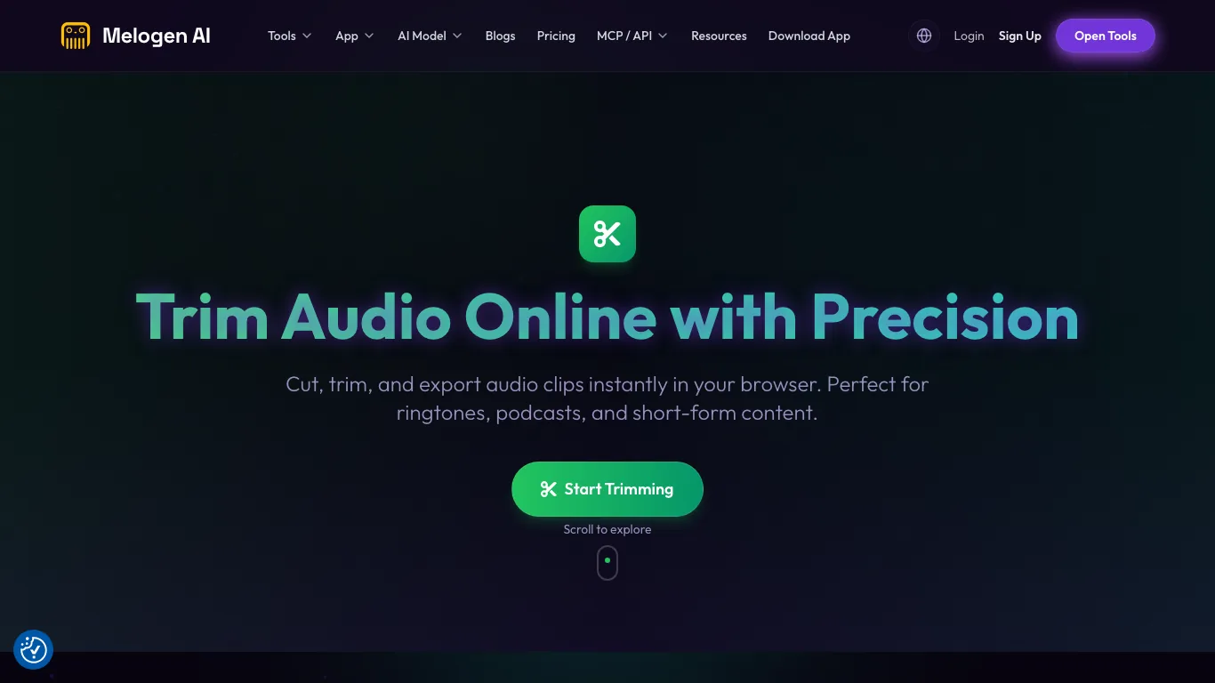 Melogen Music Trimmer page for owned audio clip preparation