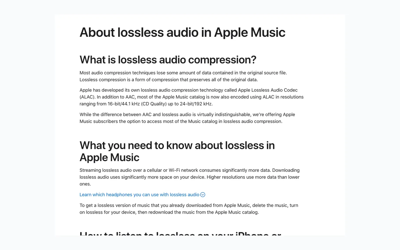 Apple Support page explaining Apple Music Lossless and ALAC