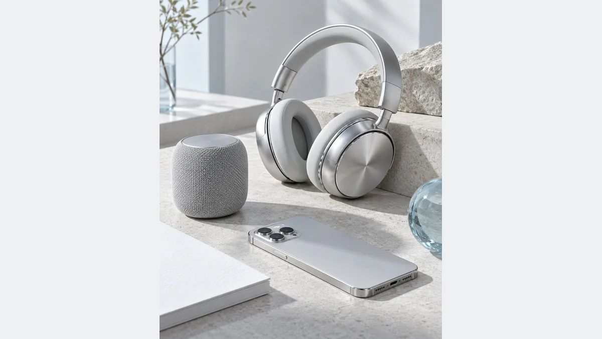 Auriculares plateados, teléfono y pequeño altavoz en un bodegón sobre escuchar música