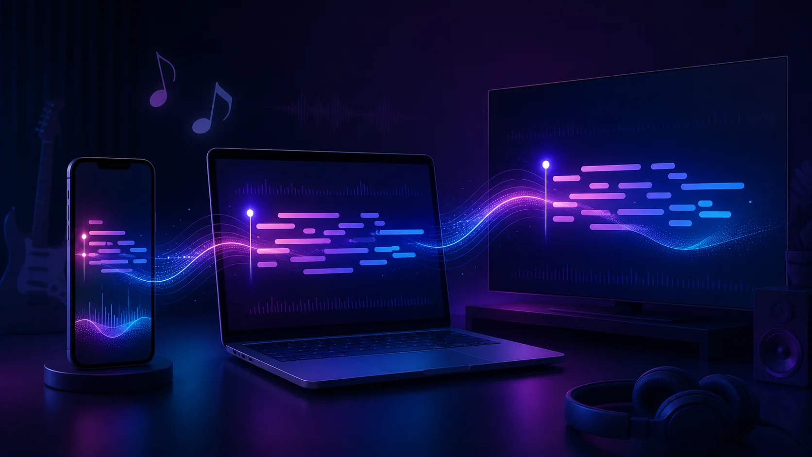 Time-synced lyric lines flowing across a phone, laptop, and television