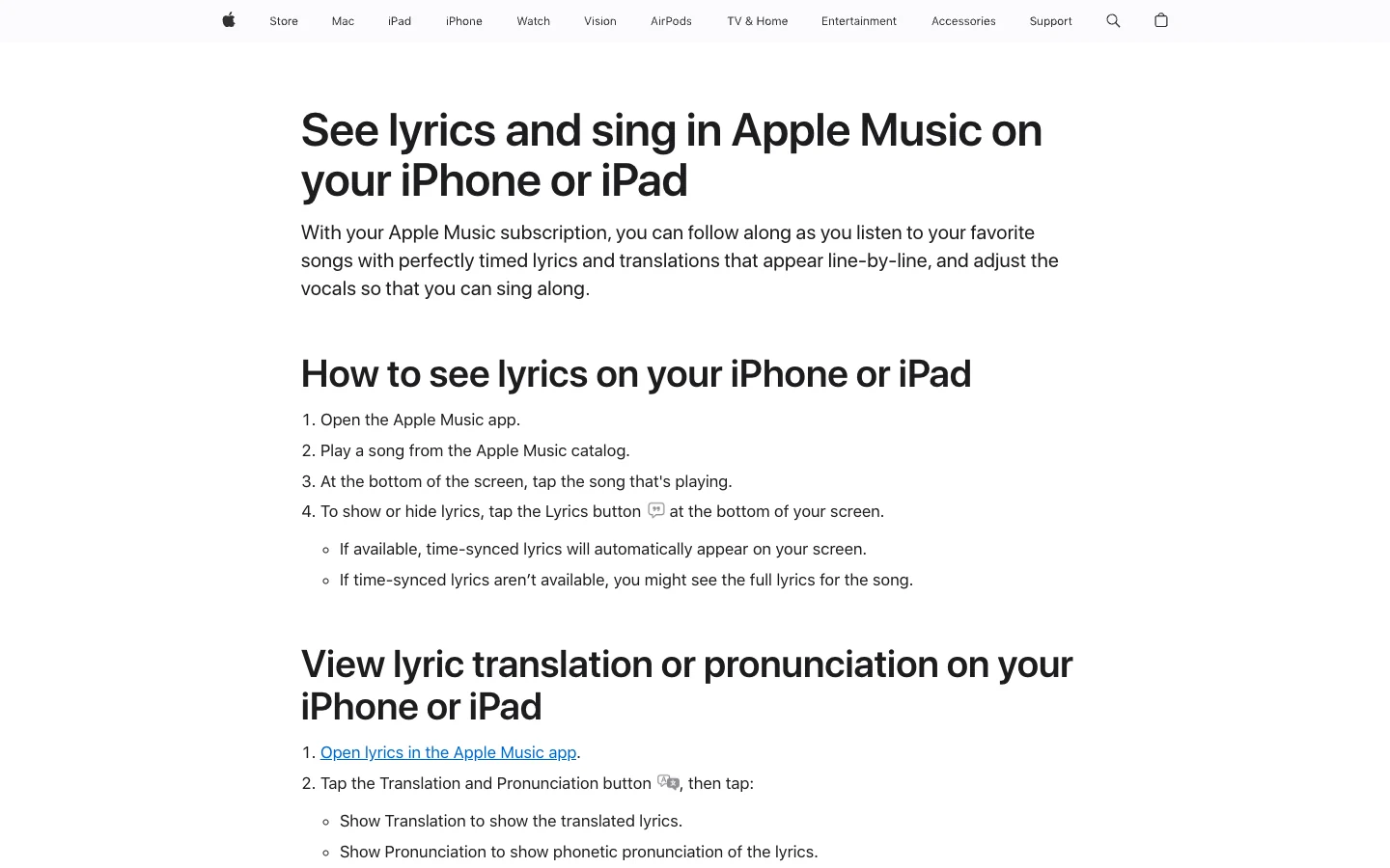 Apple Support instructions for viewing Apple Music lyrics on iPhone and iPad