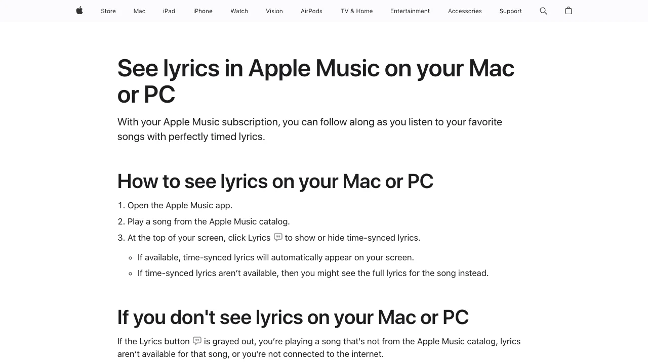 Apple Support instructions for viewing Apple Music lyrics on Mac or Windows PC