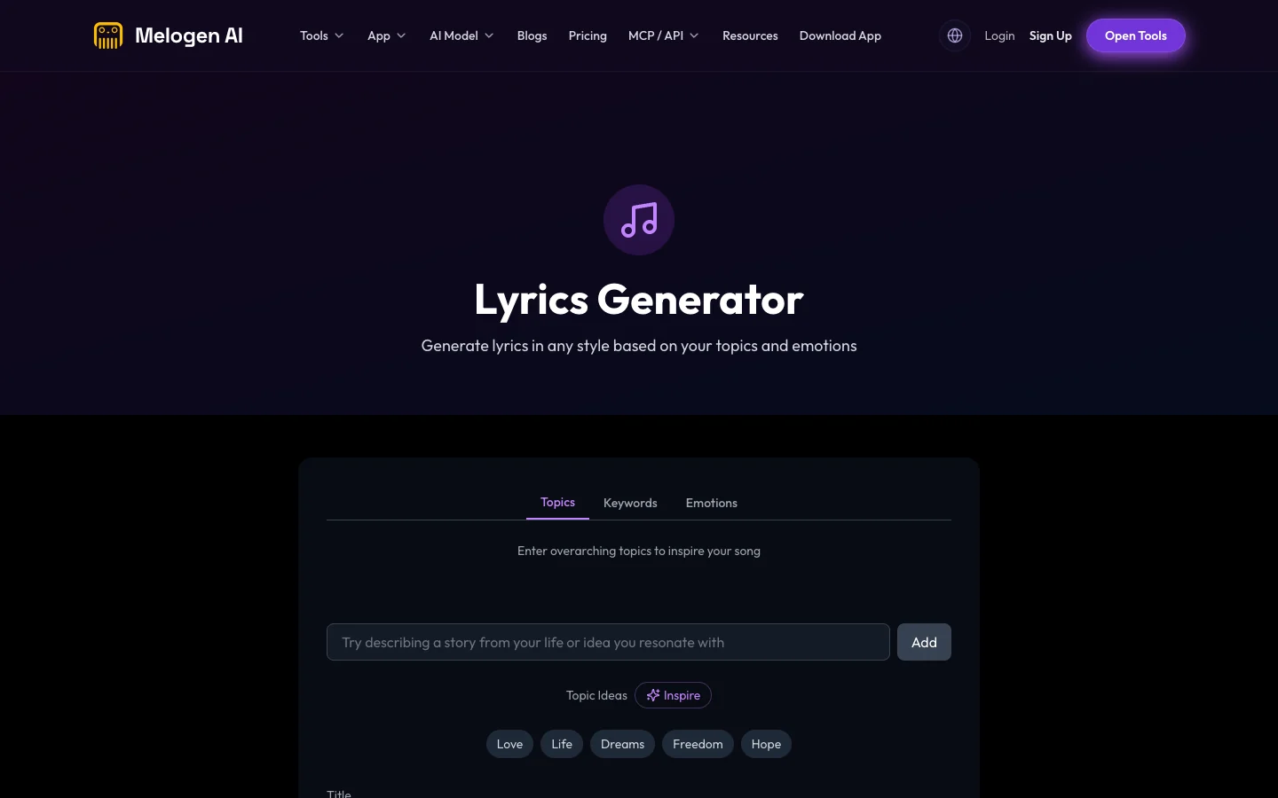 Melogen Lyrics Generator page with topic, keyword, emotion, title, and starting-line controls