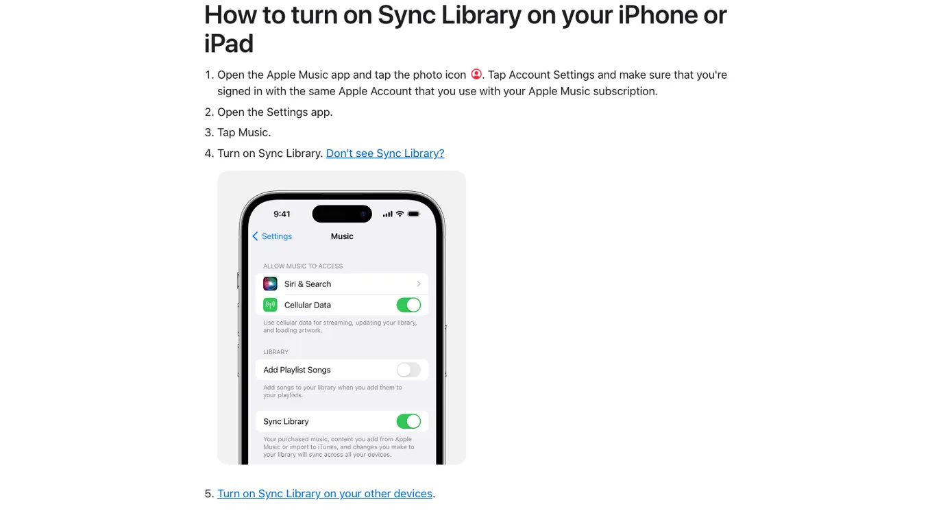 Apple Support instructions for turning on Sync Library on iPhone