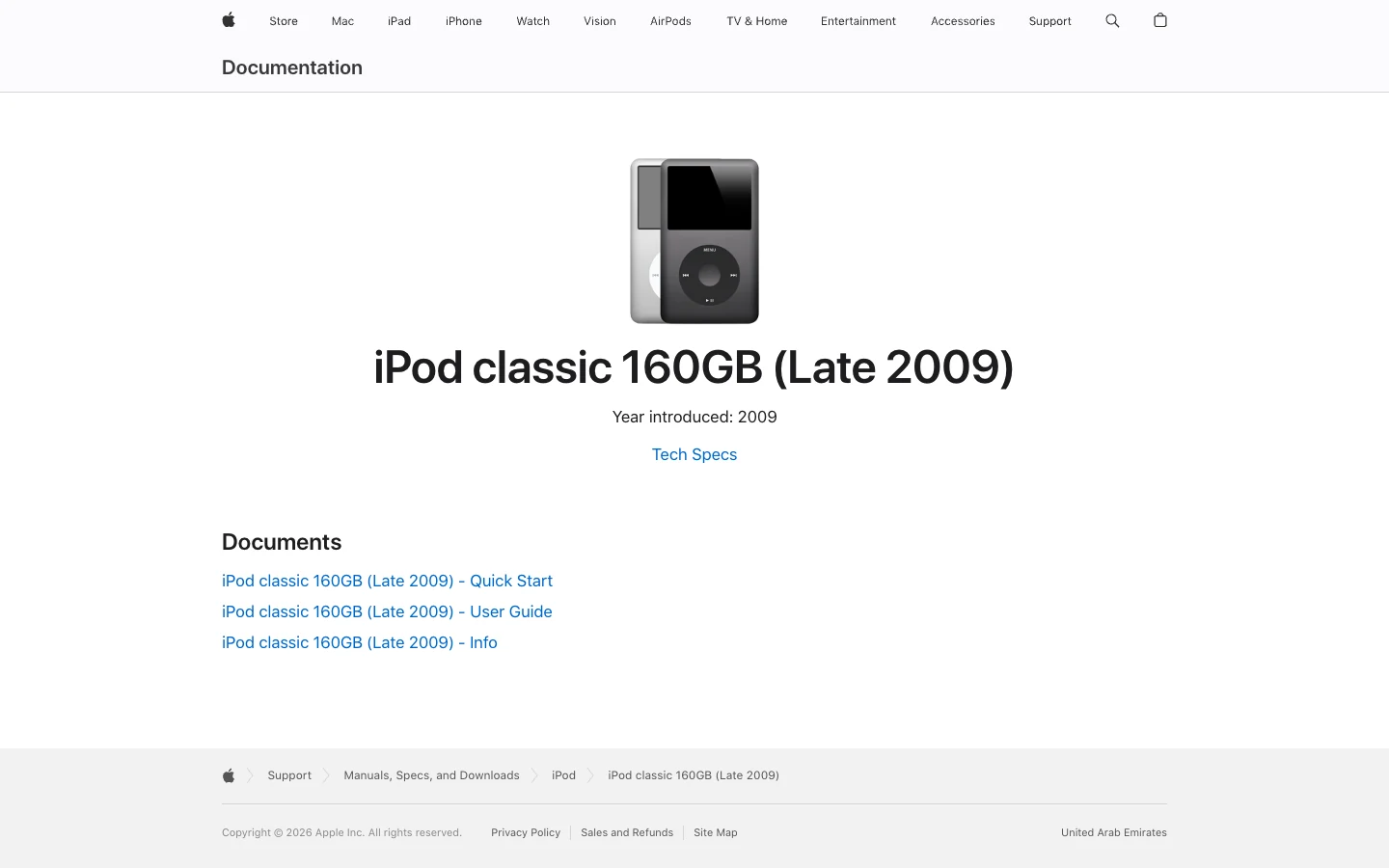 Apple Support documentation page for the iPod classic 160GB Late 2009