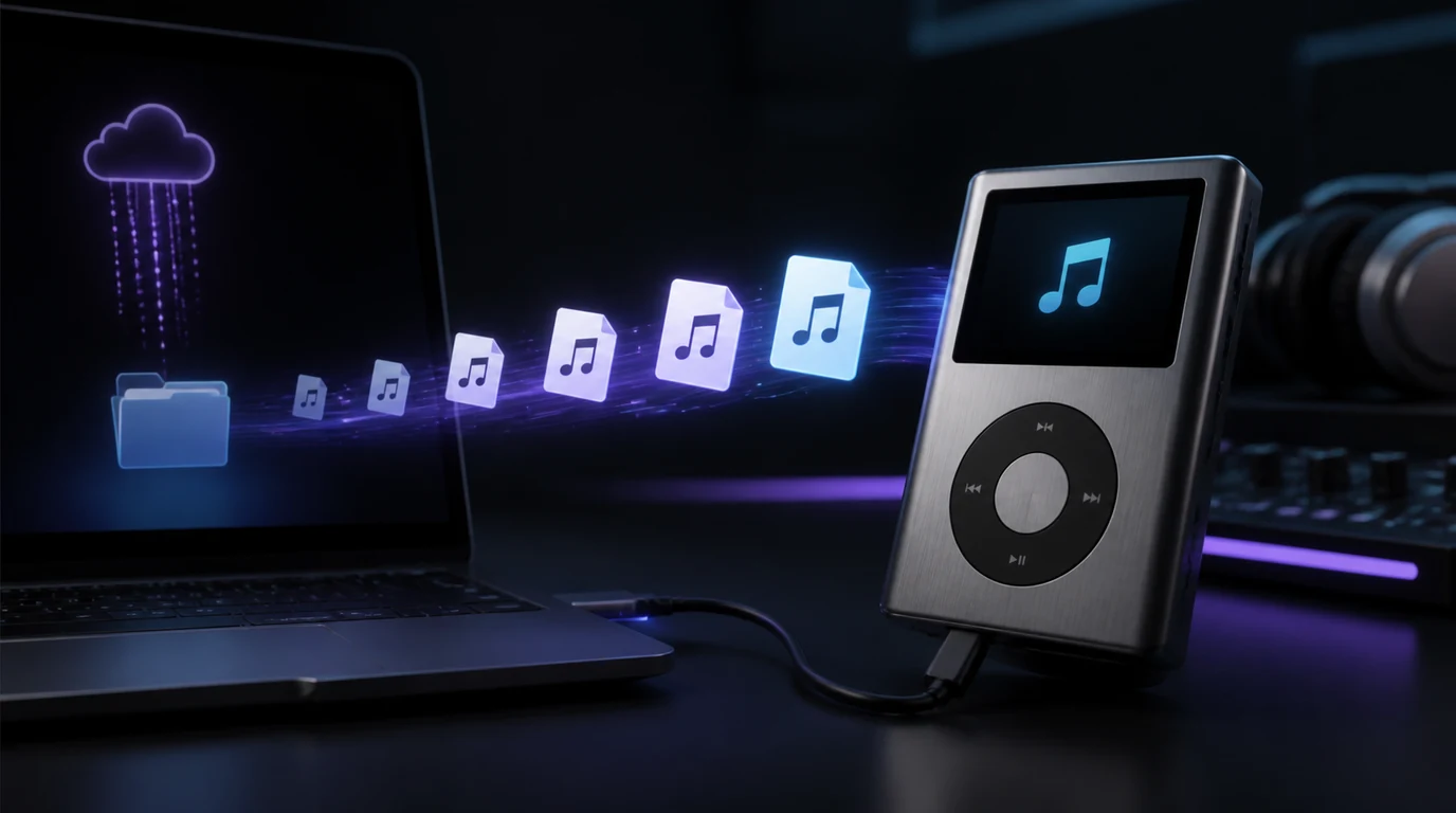 Owned music files moving from a laptop to a classic click-wheel music player