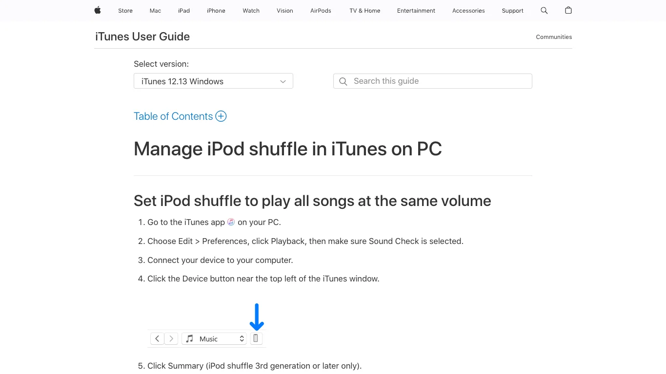Apple iTunes User Guide page showing iPod Shuffle management controls