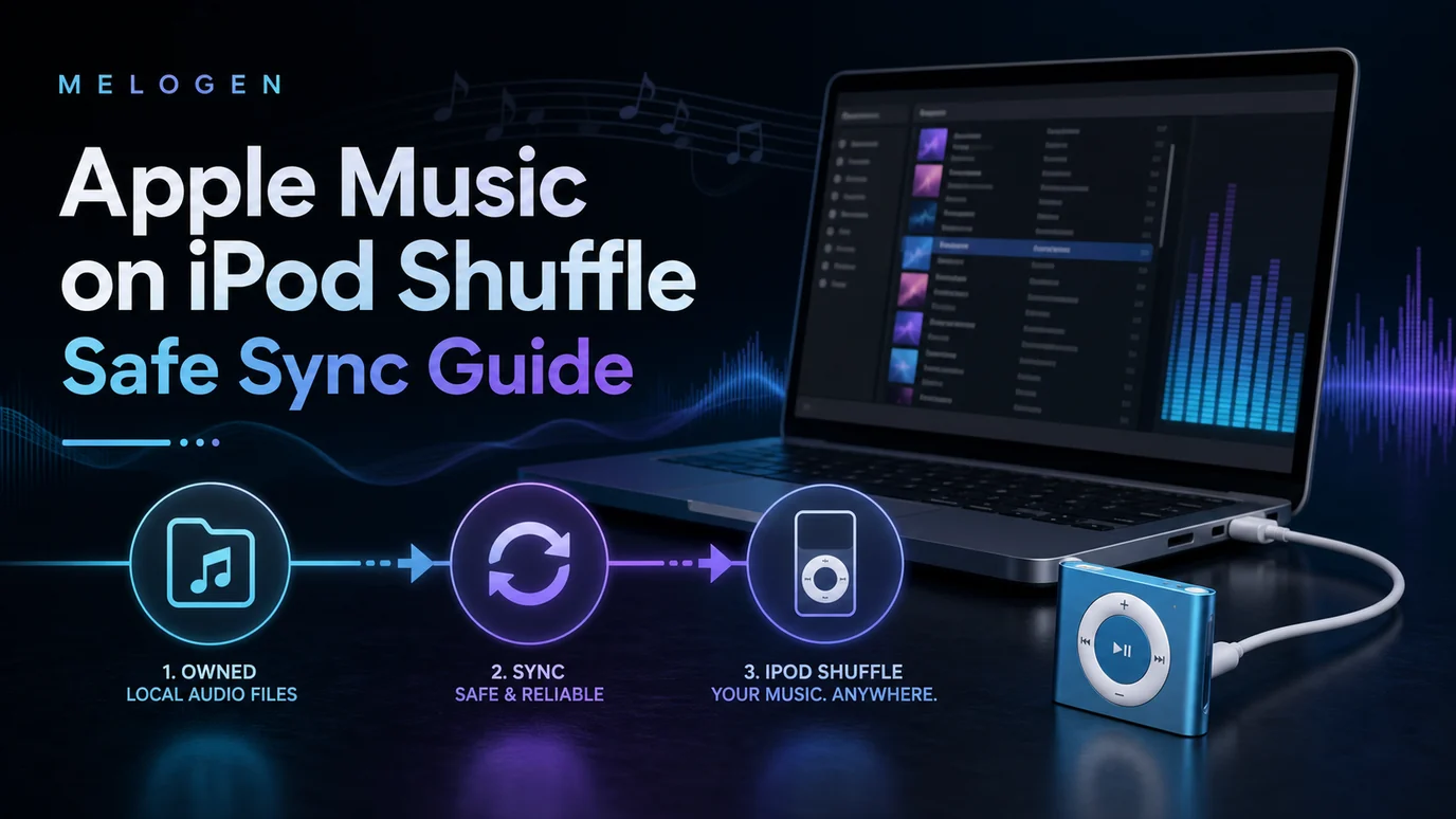 Old music player sync workflow showing owned local files moving from a laptop to an iPod Shuffle