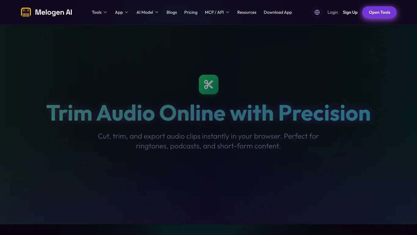 Melogen Music Trimmer page for preparing owned audio before syncing to iPod Shuffle