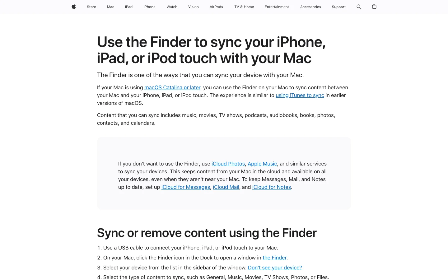 Apple Support instructions for syncing music to an iPod touch with Finder on Mac