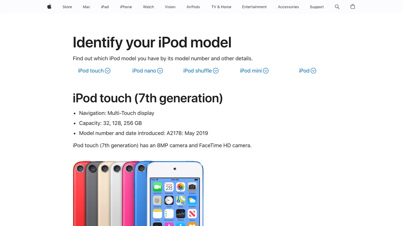 Apple Support page identifying seventh-generation and earlier iPod touch models