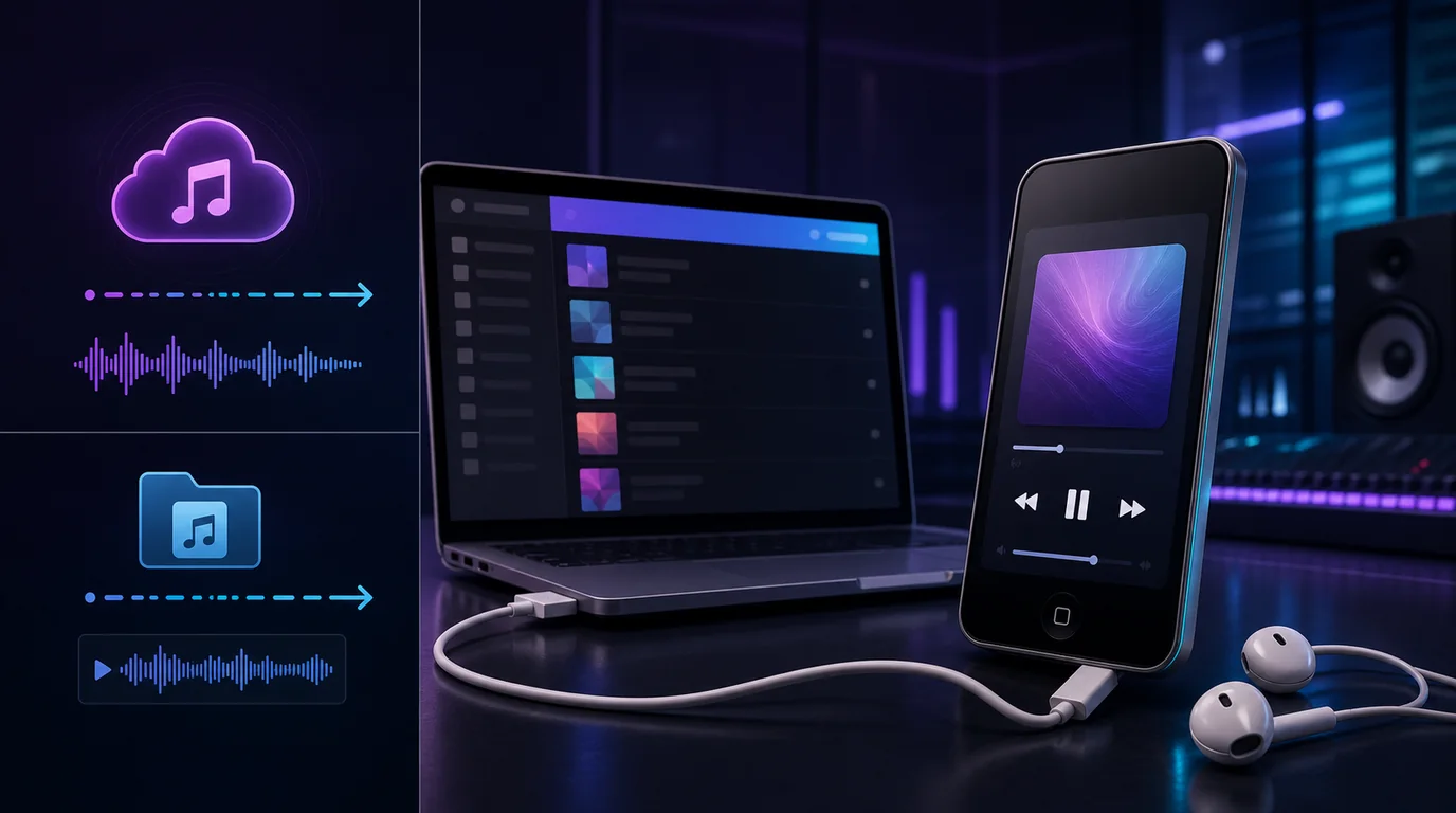 iPod touch connected to a computer for Apple Music and local audio syncing