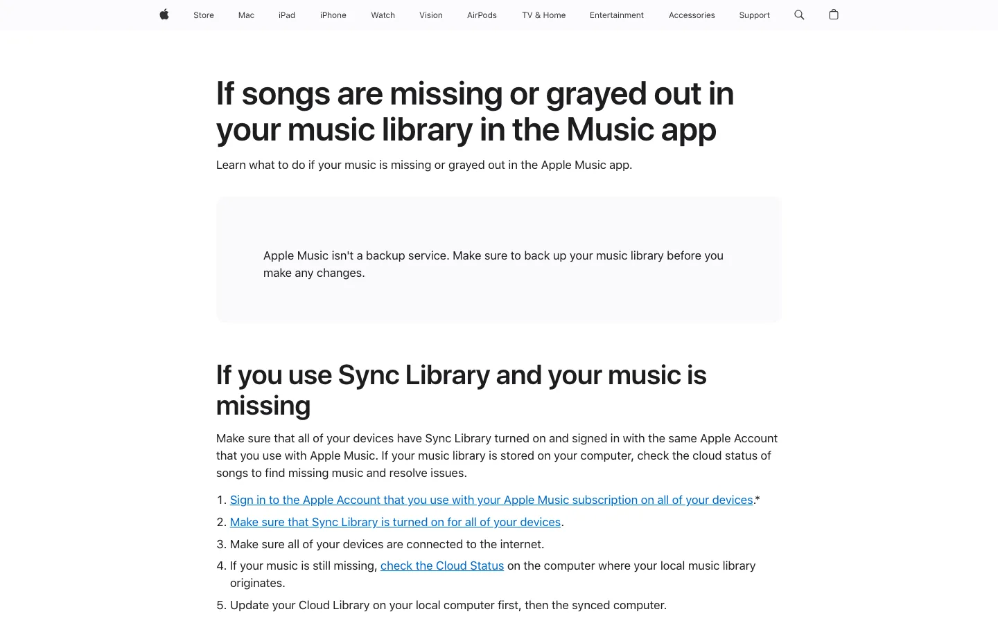 Apple support page for missing or grayed out songs in the Music app
