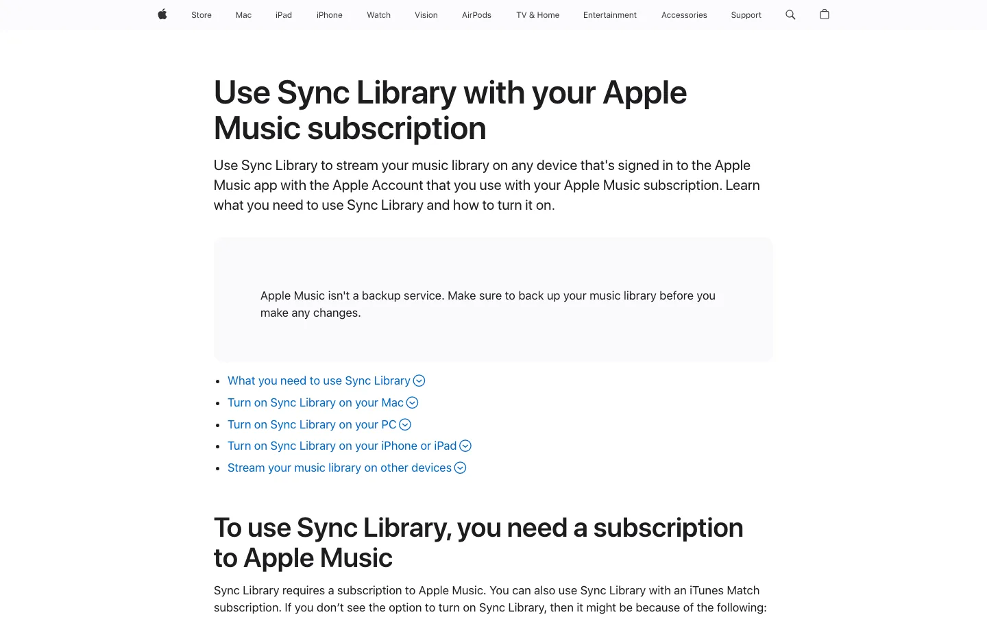 Apple Sync Library support page showing subscription and backup guidance