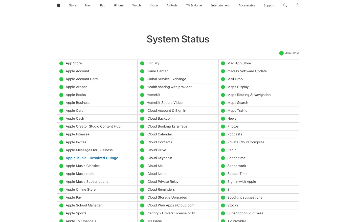 Apple System Status page showing Apple Music services and current availability signals