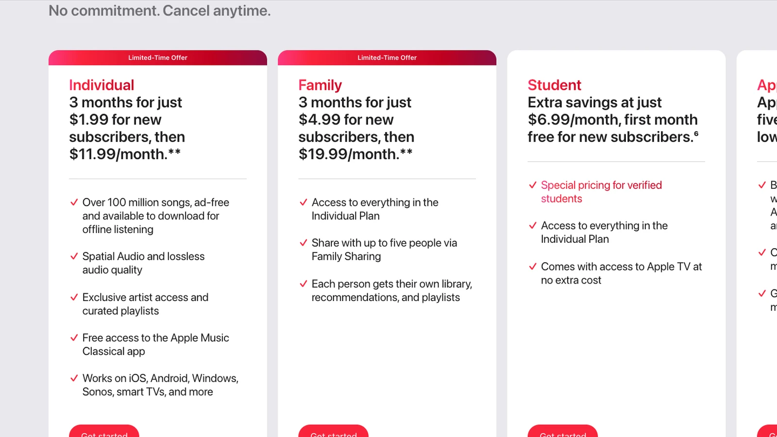 Apple Music official US page showing current Individual, Family, and Student plan cards