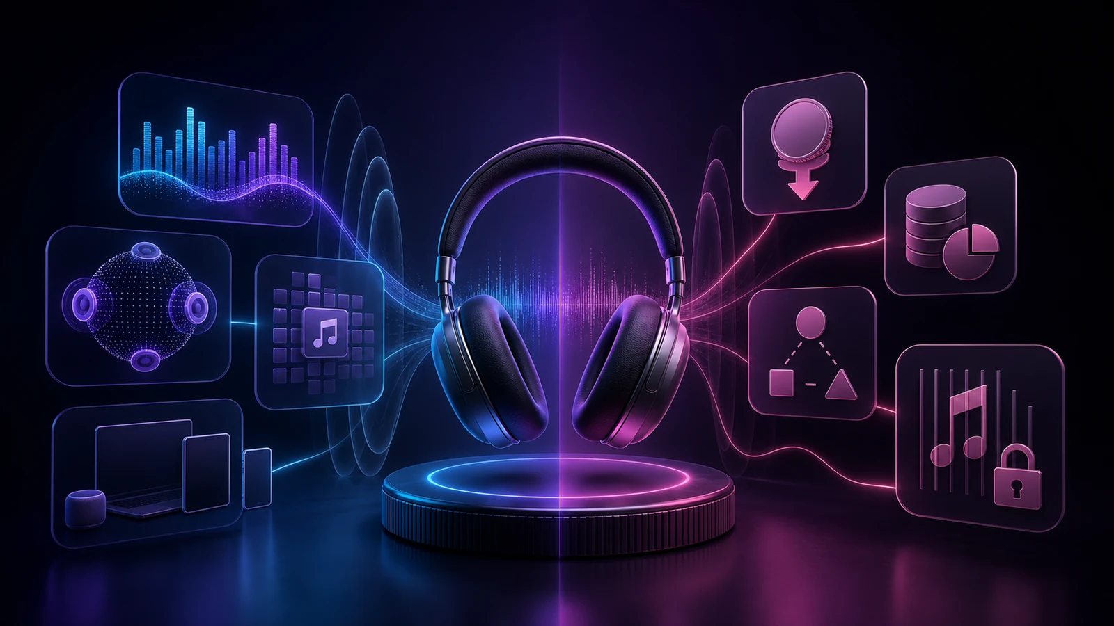 Premium headphones between positive and negative music subscription symbols