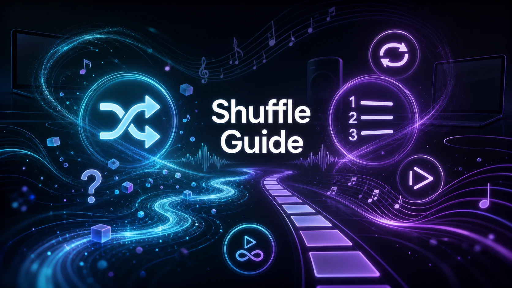 Abstract shuffle, repeat, queue, and music playback symbols for an Apple Music shuffle guide