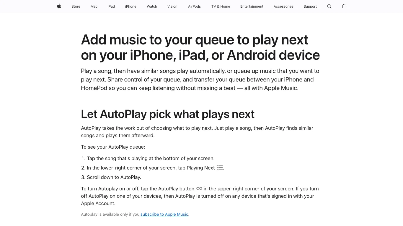 Apple support page explaining queue and Autoplay behavior in Apple Music