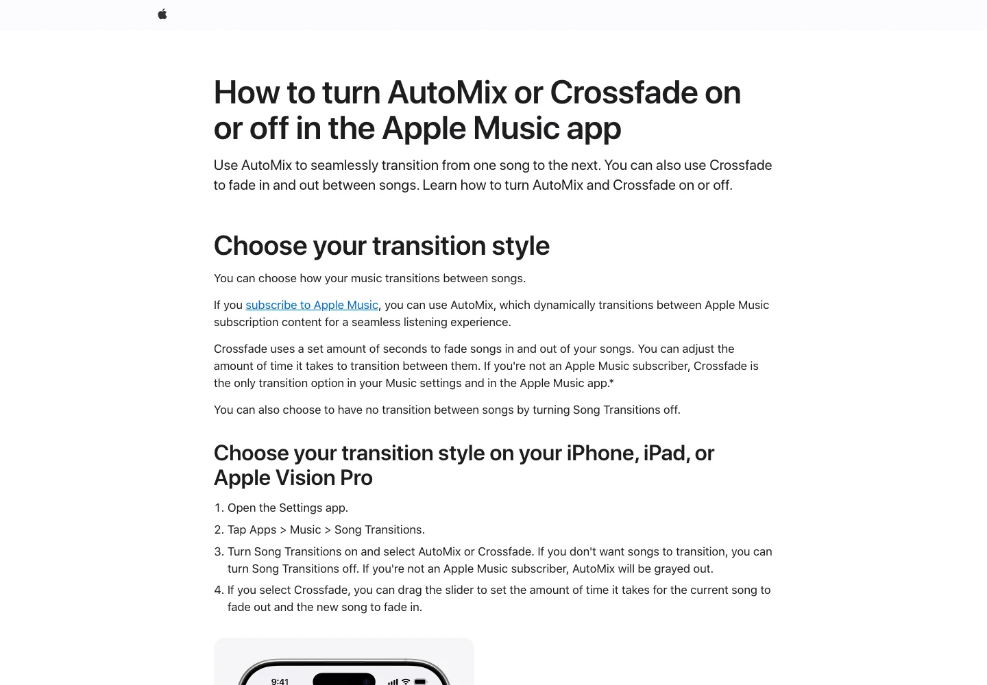 Apple Support page for AutoMix and Crossfade settings in the Apple Music app
